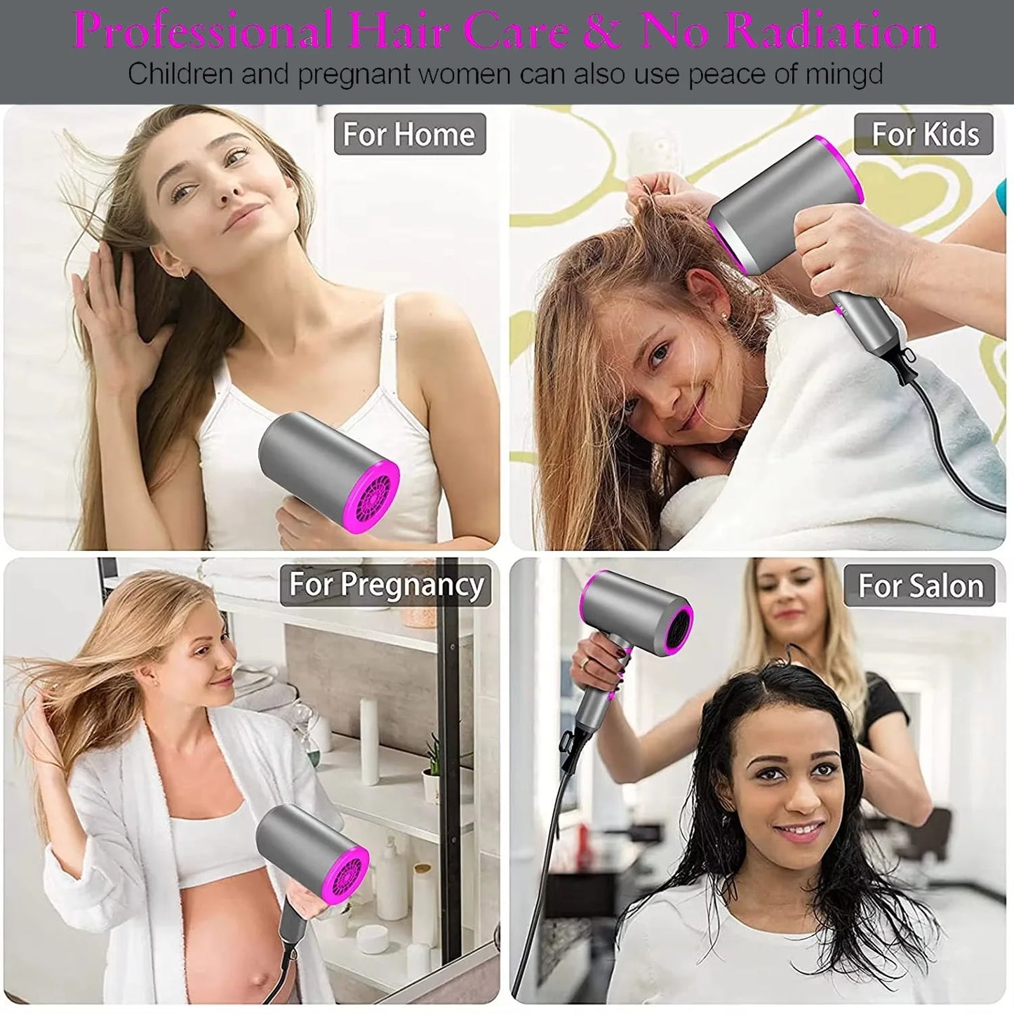 Folding Hair Dryer 2000W, Lightweight Travel Blow Dryer with Ionic Technology, 2 Speed & 3 Heat Settings, Low Radiation, Diffuser & Nozzles Included