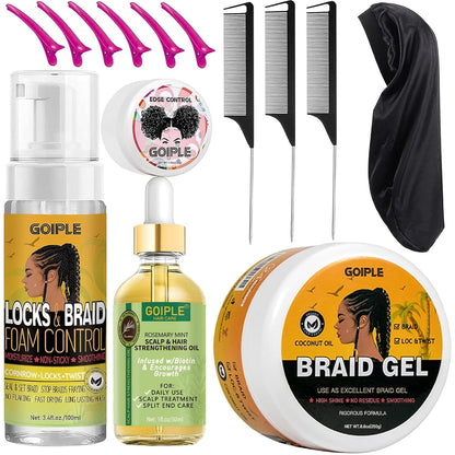 Strong Hold Extra Hold Braiding Gel & Edge Tamer - Tames Frizz, Smoothing Mousse for Twists, Locs, Braids, Cornrows (With Hair Oil, Hair Combs, Bonnet, and Clips)