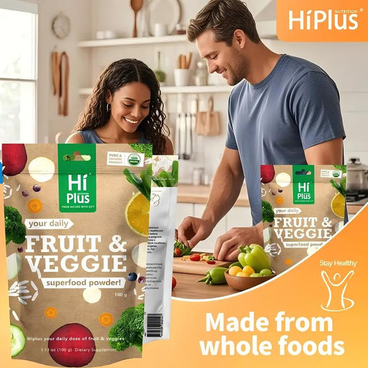 Hiplus Organic Fruits & Vegetables Powder Superfood Blend Daily Energy + Essential Vitamins | USDA Certified, Vegan Powder Smoothies & Baking | Hidden Vegetable Recipes | 3.52Oz Pantry Staple| Non-Gmo, Gluten-Free, Easy Mixing Support Nutrient D3