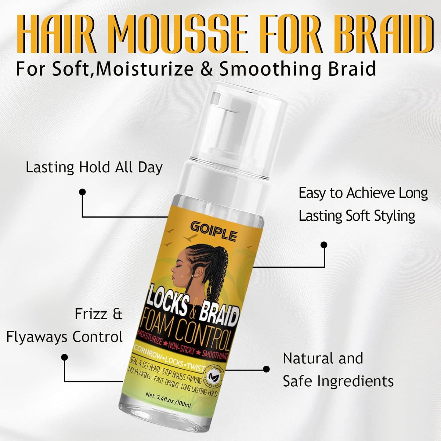 Strong Hold Extra Hold Braiding Gel & Edge Tamer - Tames Frizz, Smoothing Mousse for Twists, Locs, Braids, Cornrows (With Hair Oil, Hair Combs, Bonnet, and Clips)