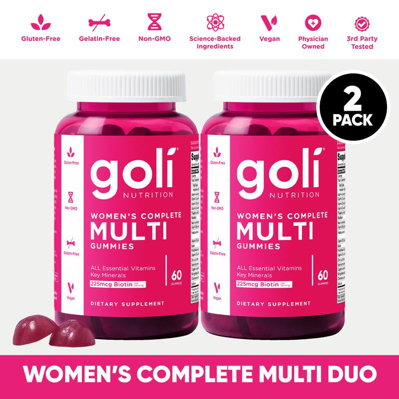 Women'S Complete Multi Gummies 2-Pack: All 13 Essential Vitamins, All B Vitamins, Vitamin C, A, D, E, K, Zinc, Biotin and More. Healthy Hair, Skin & Nails, Eyes, Immune, Brain & Nervous System, Heart Health. Gluten-Free, Vegan, Non-Gmo, and Gelatin-Free.