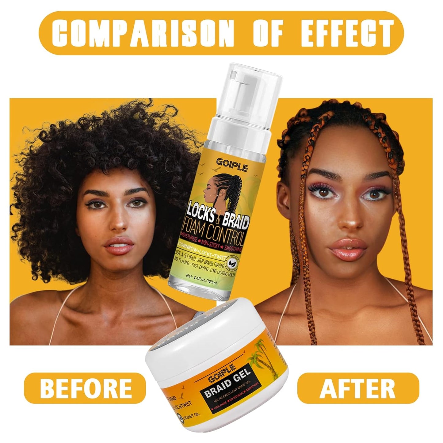 Strong Hold Extra Hold Braiding Gel & Edge Tamer - Tames Frizz, Smoothing Mousse for Twists, Locs, Braids, Cornrows (With Hair Oil, Hair Combs, Bonnet, and Clips)