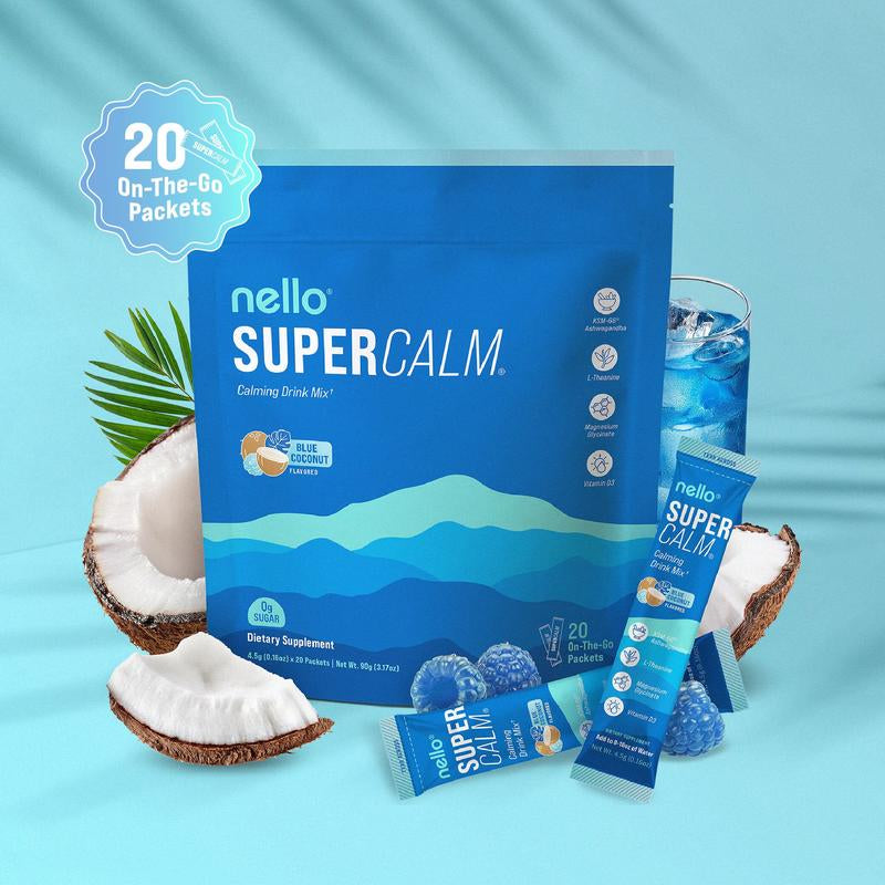 Nello Supercalm – Calming Drink Mix with KSM-66 Ashwagandha, Vitamin D3, Magnesium & L-Theanine – Supports Cortisol Balance, Mood & Sleep, Helps Manage Occasional Stress – Travel Packets (20 Servings)