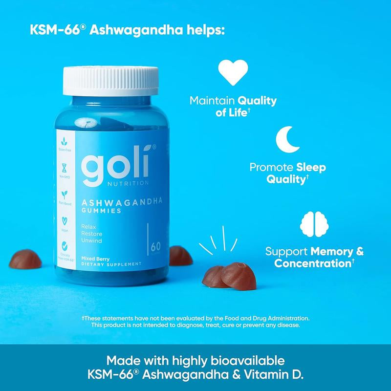 6 Bottles of Goli Ashwagandha & Vitamin D Gummy - Mixed Berry, KSM-66, Vegan, Plant Based, Non-Gmo, Gluten & Gelatin Free