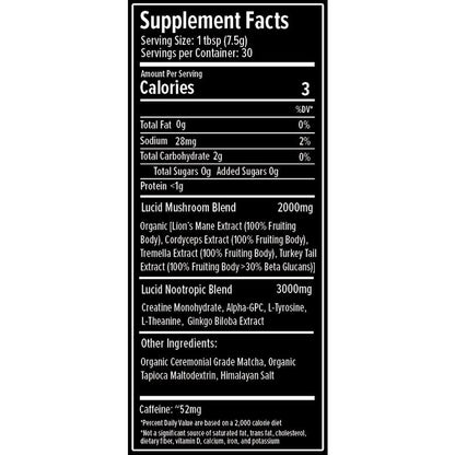 Lucid Superfood Organic Mushroom Matcha with Nootropics - Lion'S Mane, Tremella, Cordyceps & Turkey Tail - Instant Mushroom Matcha Focus Brain Health - Alpha GPC, L-Theanine, Ginko Biloba - USA Made Healthcare Dietary