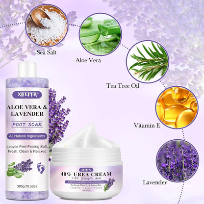 Foot Soak Set Callus Remover Pedicure Kit - Urea Cream 40%, Lavender Soak Salt with Epsom Salt & Foot File for Dead Skin, Foot Care Kit for Dry Cracked Heels at Home