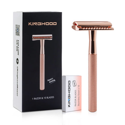 Safety Razors for Sensitive Skin,Single Blade Razor with 10 Double Edge Blades,Reusable Metal Razor for a Smooth and Clean Shave(Rose Gold)