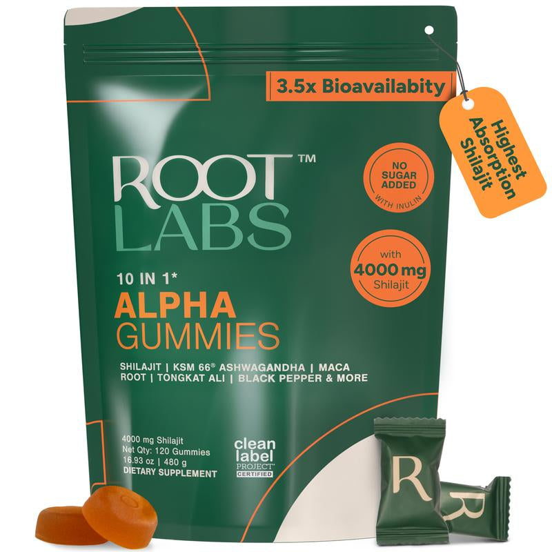Root Labs Alpha Shilajit Gummies 4000 Mg | Energy, Stamina & Focus | Zero Sugar | KSM-66 Ashwagandha, Tongkat Ali, Maca Root | 60 Pack
