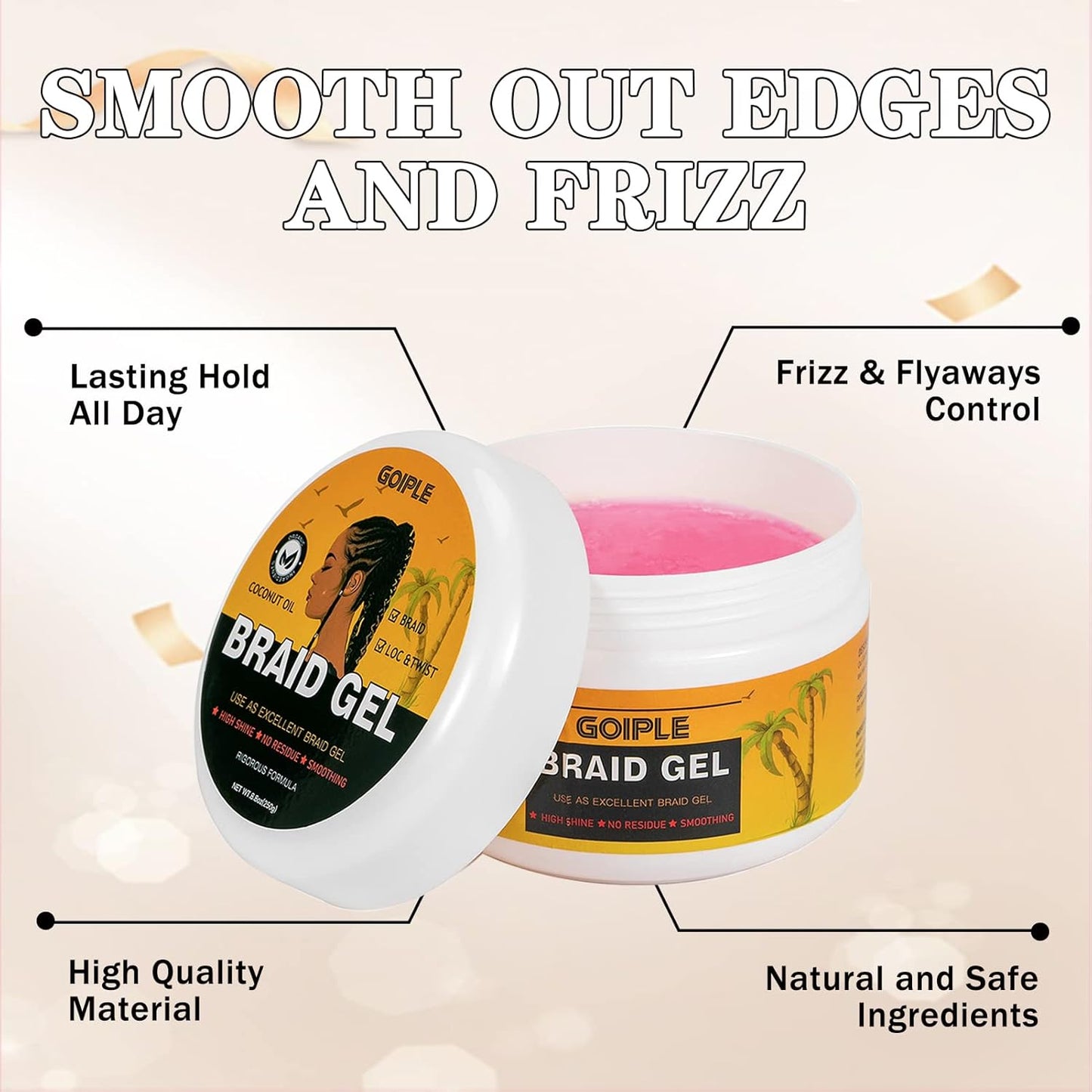Strong Hold Extra Hold Braiding Gel & Edge Tamer - Tames Frizz, Smoothing Mousse for Twists, Locs, Braids, Cornrows (With Hair Oil, Hair Combs, Bonnet, and Clips)