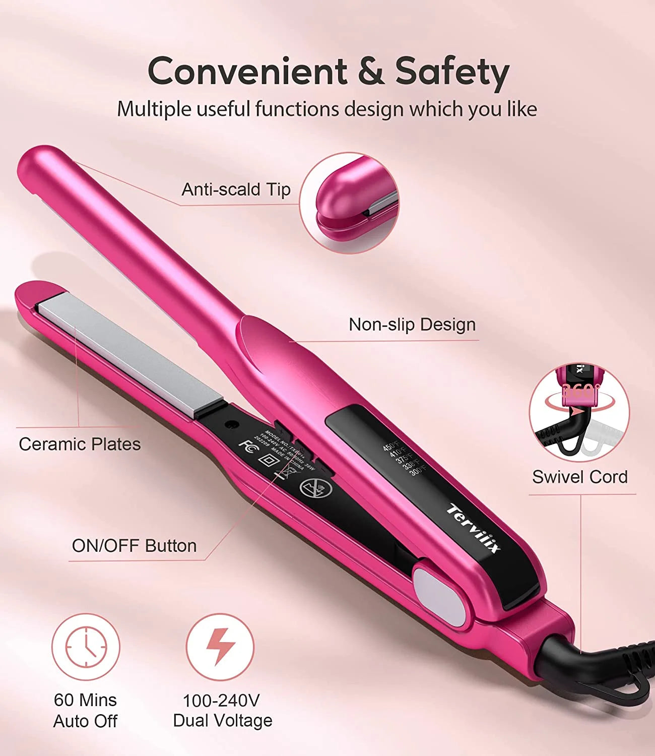 1/2" Small Flat Irons for Short Hair, Hair Straightener & Curling Iron 2 in 1, Pink