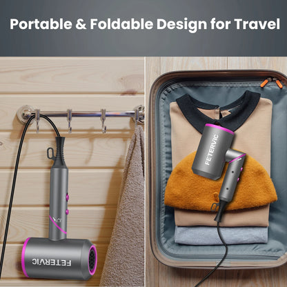 Folding Hair Dryer 2000W, Lightweight Travel Blow Dryer with Ionic Technology, 2 Speed & 3 Heat Settings, Low Radiation, Diffuser & Nozzles Included