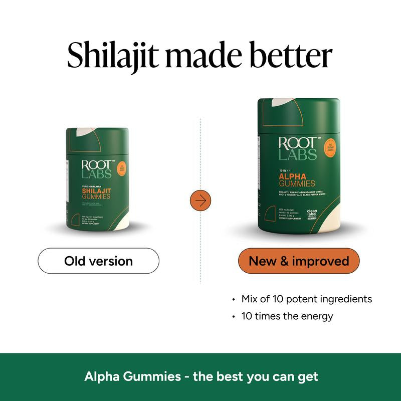 Root Labs Alpha Shilajit Gummies 4000 Mg | Energy, Stamina & Focus | Zero Sugar | KSM-66 Ashwagandha, Tongkat Ali, Maca Root | 60 Pack