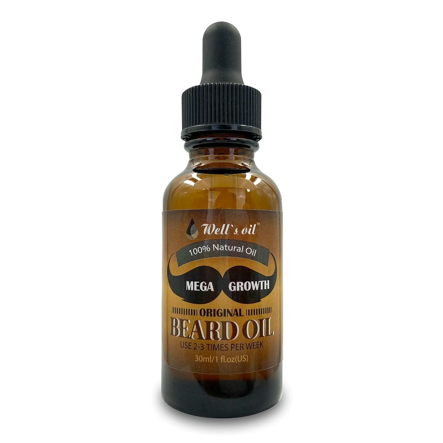 Well'S MEGA GROWTH Beard Oil (Original Scent) | 1 Fl.Oz. | 100% Natural | Chemical-Free | for Man Styling | Conditioning, Moisturizing & Softens
