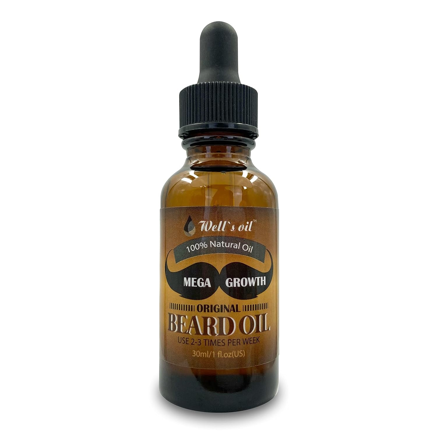 Well'S MEGA GROWTH Beard Oil (Original Scent) | 1 Fl.Oz. | 100% Natural | Chemical-Free | for Man Styling | Conditioning, Moisturizing & Softens