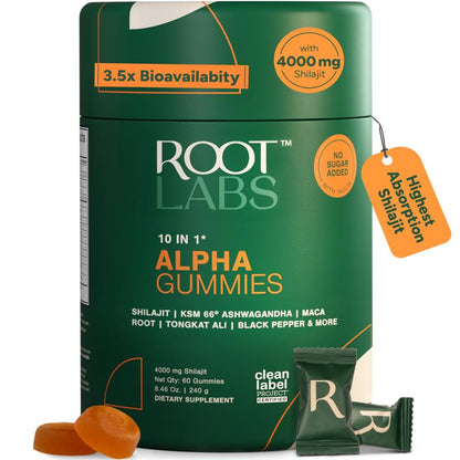Root Labs Alpha Shilajit Gummies 4000 Mg | Energy, Stamina & Focus | Zero Sugar | KSM-66 Ashwagandha, Tongkat Ali, Maca Root | 60 Pack