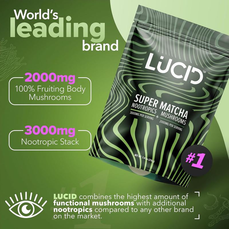 Lucid Superfood Organic Mushroom Matcha with Nootropics - Lion'S Mane, Tremella, Cordyceps & Turkey Tail - Instant Mushroom Matcha Focus Brain Health - Alpha GPC, L-Theanine, Ginko Biloba - USA Made Healthcare Dietary