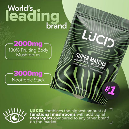 Lucid Superfood Organic Mushroom Matcha with Nootropics - Lion'S Mane, Tremella, Cordyceps & Turkey Tail - Instant Mushroom Matcha Focus Brain Health - Alpha GPC, L-Theanine, Ginko Biloba - USA Made Healthcare Dietary