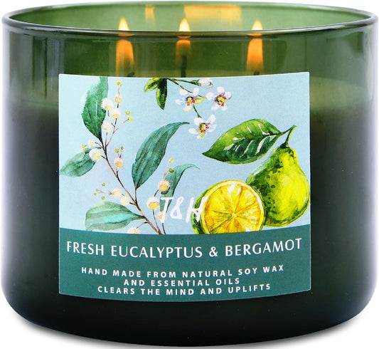 Eucalyptus Bergamot 3-Wick Scented Candle - 15.8 Oz Aromatherapy Soy - Clean Fresh Scent, Long-Lasting Burn - Stress Relief Spa Candle for Home - Gift for Women & Men