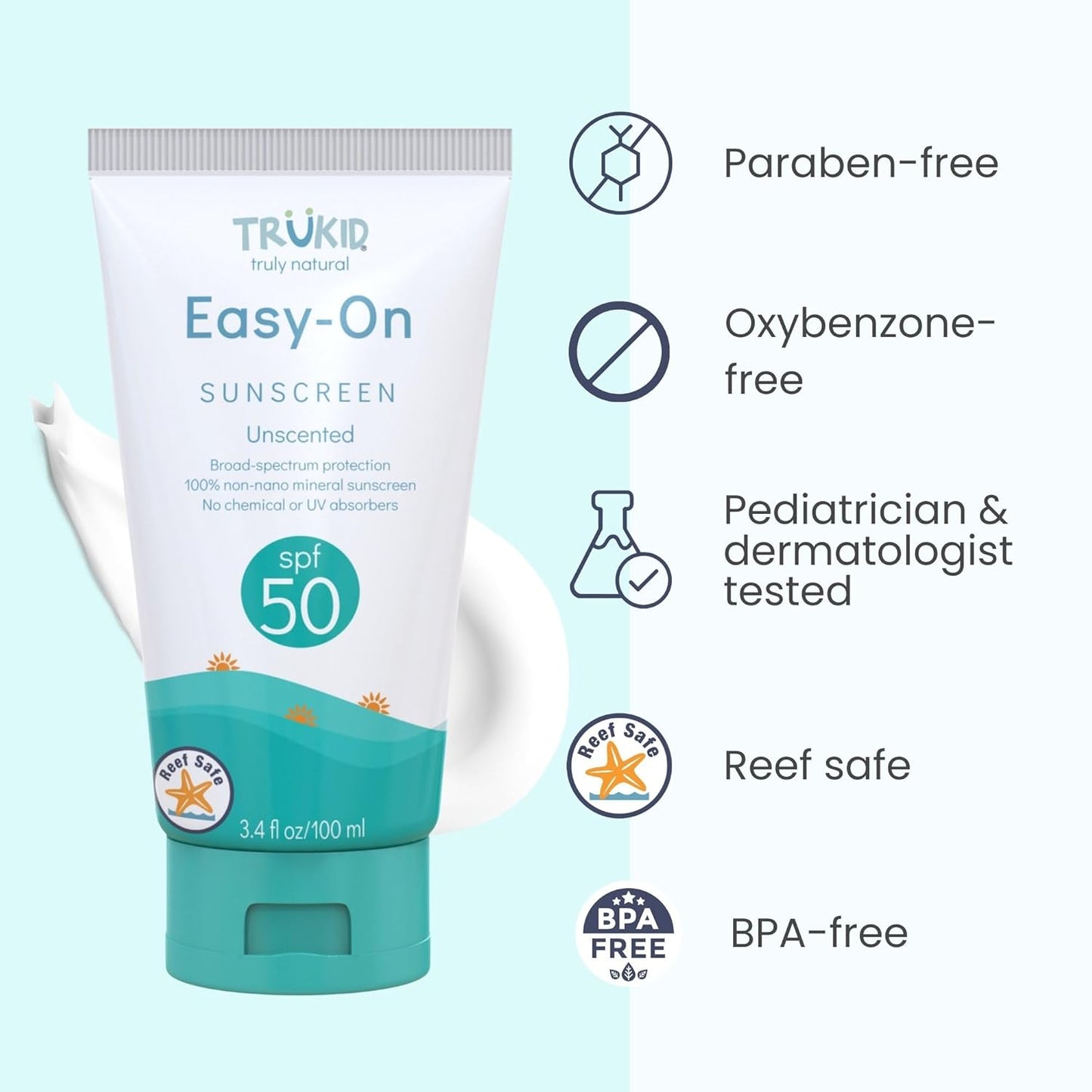 Easy on Mineral Sunscreen SPF 50 - All Natural Kids & Baby Sunscreen for Face & Body, Non-Toxic Zinc Oxide Sunblock Protection for Sensitive Skin, Unscented, FSA Eligible, Travel Size 3.4Oz