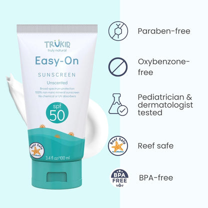 Easy on Mineral Sunscreen SPF 50 - All Natural Kids & Baby Sunscreen for Face & Body, Non-Toxic Zinc Oxide Sunblock Protection for Sensitive Skin, Unscented, FSA Eligible, Travel Size 3.4Oz