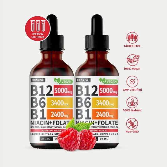 (2-PACK) Vitamin B12 Liquid Supplement Drops with B6, B1, Niacin & Folate - Edible Support for Energy, Brain & Heart, Non-Gmo & Gluten-Free, 4 Fl Oz Fitness Dietary