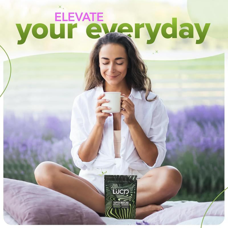 Lucid Superfood Organic Mushroom Matcha with Nootropics - Lion'S Mane, Tremella, Cordyceps & Turkey Tail - Instant Mushroom Matcha Focus Brain Health - Alpha GPC, L-Theanine, Ginko Biloba - USA Made Healthcare Dietary