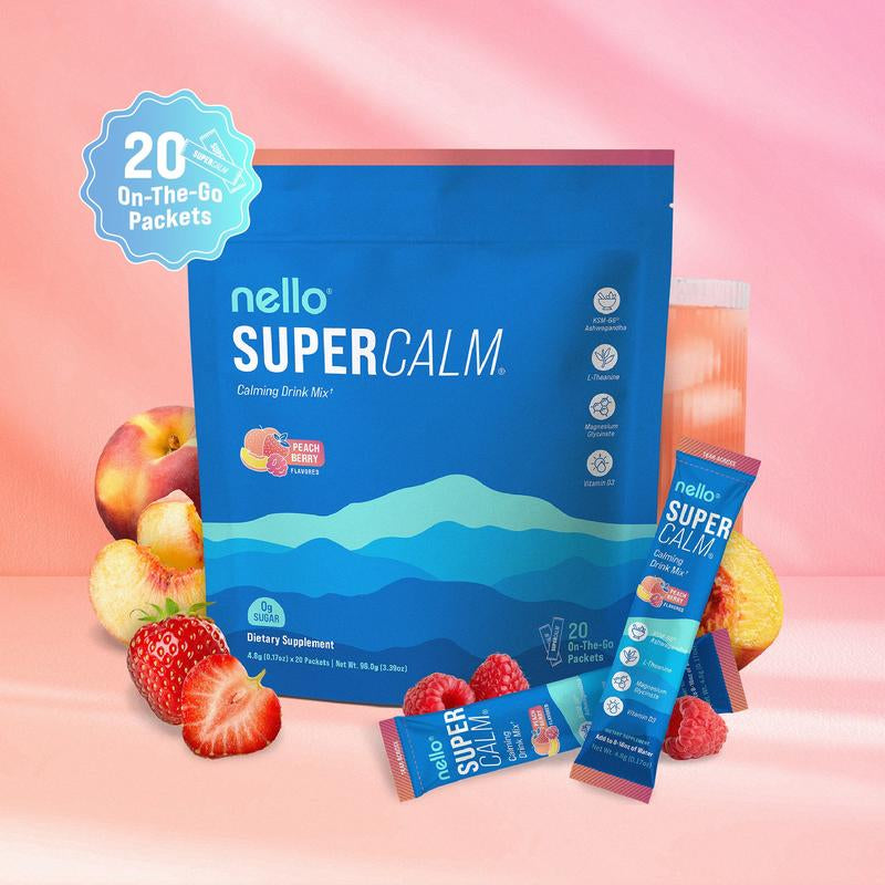 Nello Supercalm – Calming Drink Mix with KSM-66 Ashwagandha, Vitamin D3, Magnesium & L-Theanine – Supports Cortisol Balance, Mood & Sleep, Helps Manage Occasional Stress – Travel Packets (20 Servings)