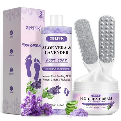Foot Soak Set Callus Remover Pedicure Kit - Urea Cream 40%, Lavender Soak Salt with Epsom Salt & Foot File for Dead Skin, Foot Care Kit for Dry Cracked Heels at Home