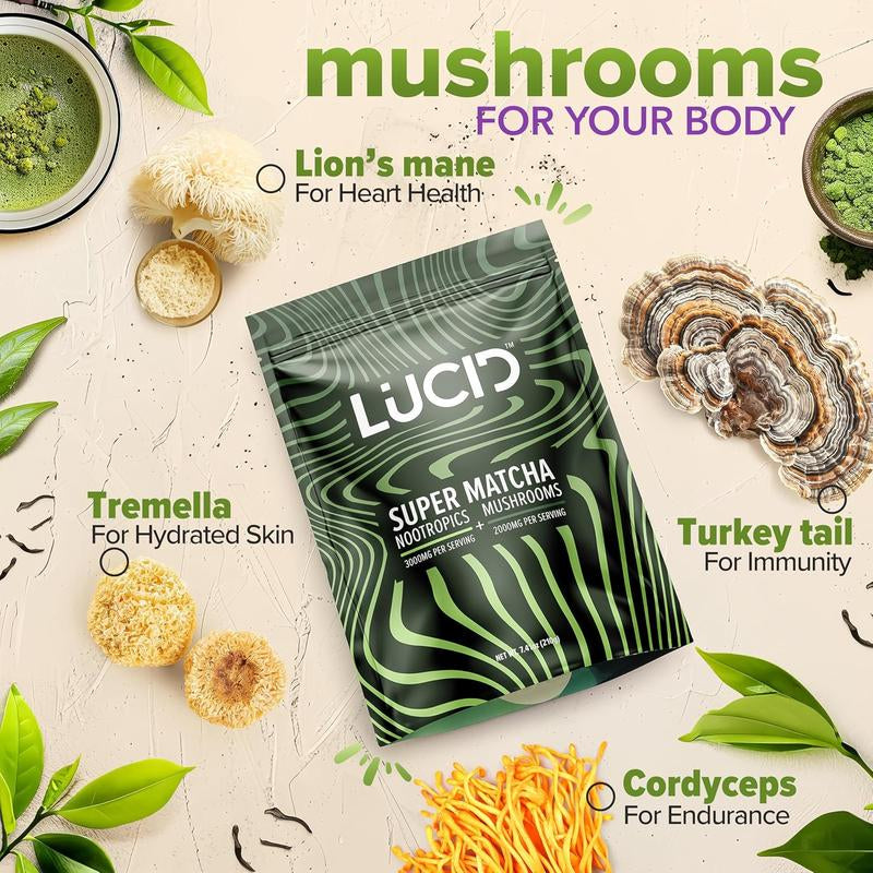 Lucid Superfood Organic Mushroom Matcha with Nootropics - Lion'S Mane, Tremella, Cordyceps & Turkey Tail - Instant Mushroom Matcha Focus Brain Health - Alpha GPC, L-Theanine, Ginko Biloba - USA Made Healthcare Dietary