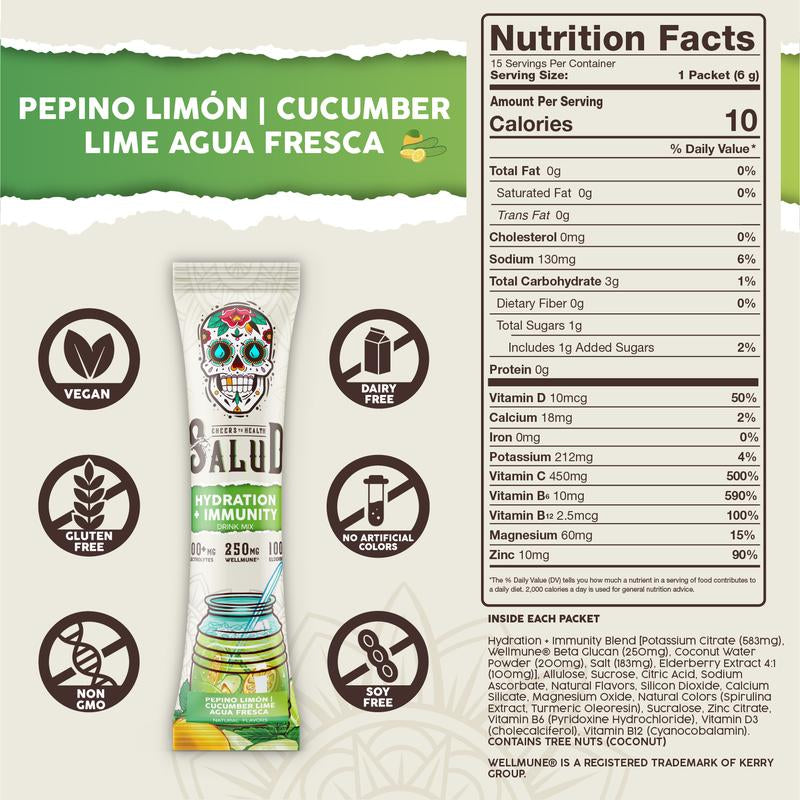 Salud 2-In-1 Hydration Packets + Immunity Electrolytes Powder, Cucumber Lime - Agua Fresca Drink Mix, Elderberry, Dairy & Soy Free, Non-Gmo, Gluten Free, Vegan, Low Calorie, 1G Sugar (15 Servings)