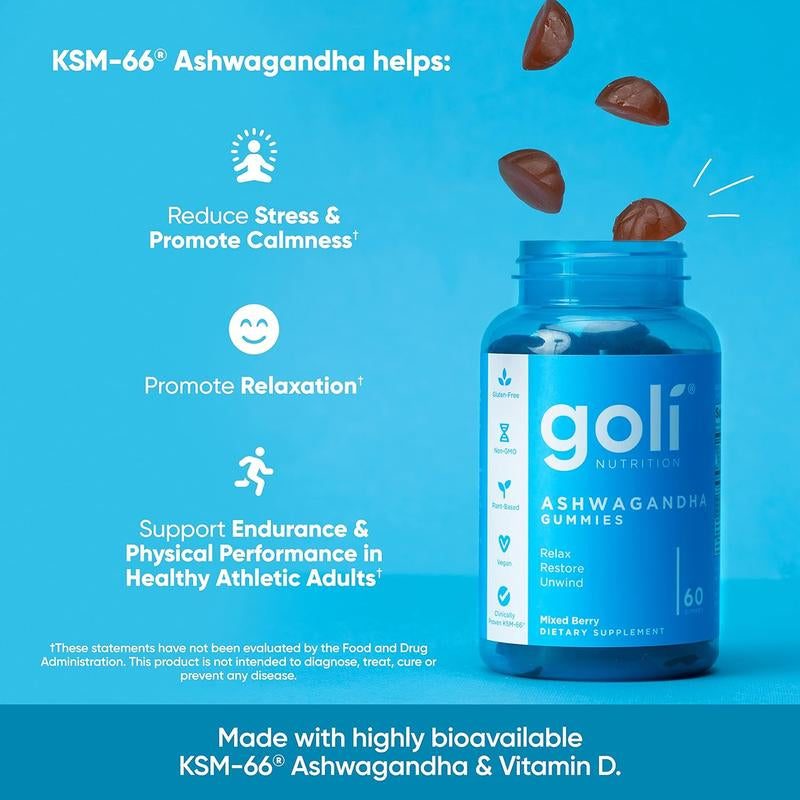 3 Bottles of Goli Ashwagandha & Vitamin D Gummy - Mixed Berry, KSM-66, Vegan, Plant Based, Non-Gmo, Gluten & Gelatin Free