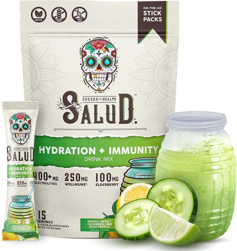 Salud 2-In-1 Hydration Packets + Immunity Electrolytes Powder, Cucumber Lime - Agua Fresca Drink Mix, Elderberry, Dairy & Soy Free, Non-Gmo, Gluten Free, Vegan, Low Calorie, 1G Sugar (15 Servings)