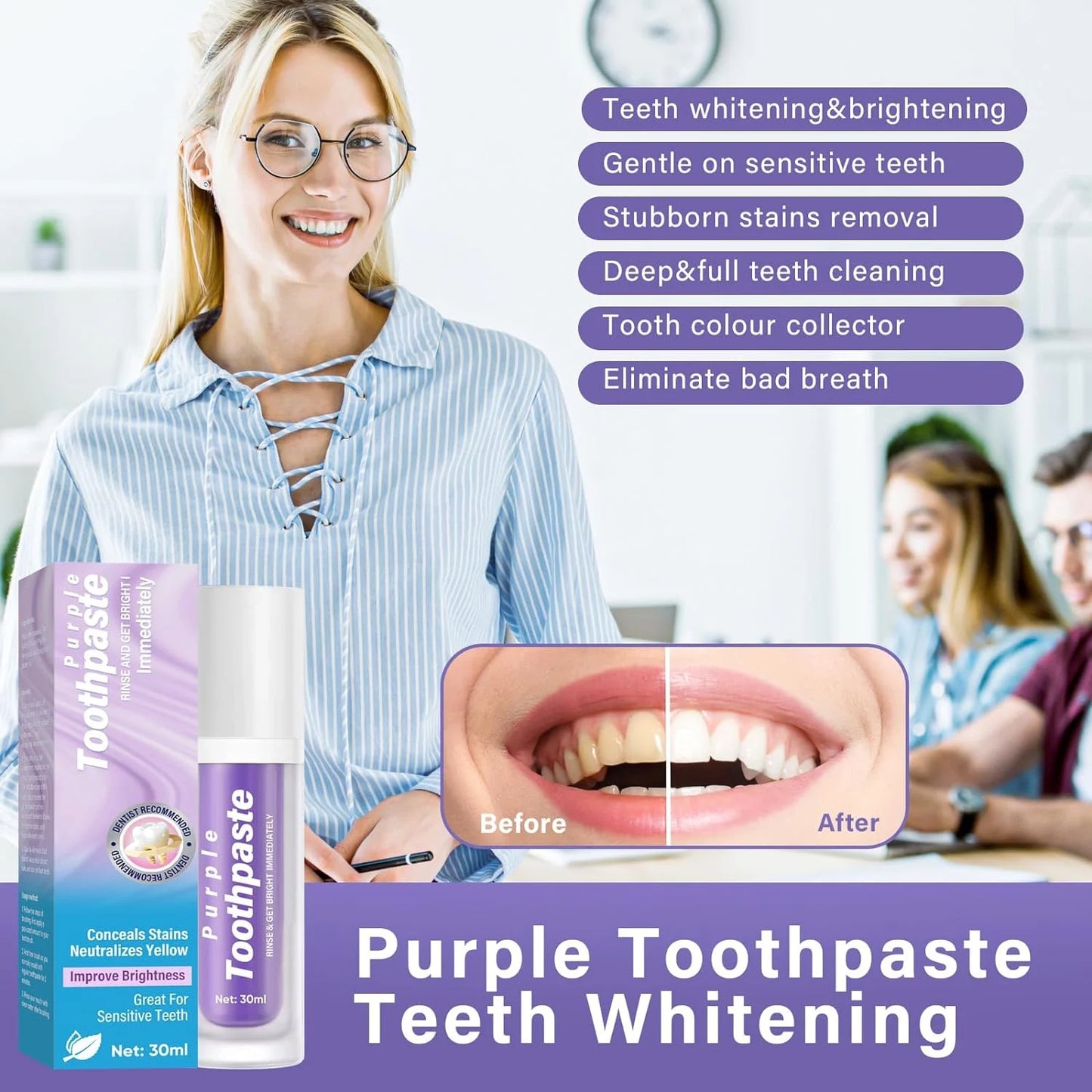 Purple Toothpaste Whitening, Purple Toothpaste for Teeth Whitening, Colour Corrector Toothpaste for Tooth Stain Removal & Reduce Yellowing
