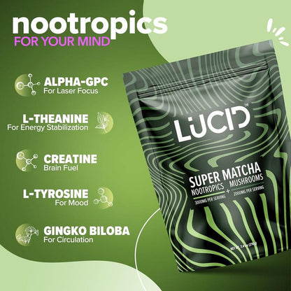 Lucid Superfood Organic Mushroom Matcha with Nootropics - Lion'S Mane, Tremella, Cordyceps & Turkey Tail - Instant Mushroom Matcha Focus Brain Health - Alpha GPC, L-Theanine, Ginko Biloba - USA Made Healthcare Dietary