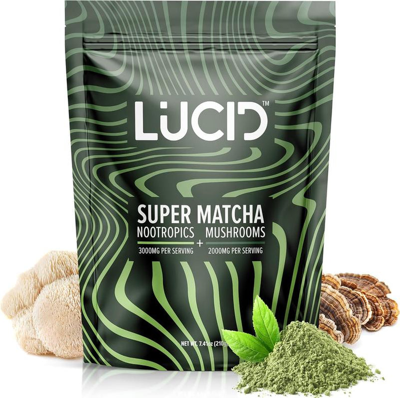 Lucid Superfood Organic Mushroom Matcha with Nootropics - Lion'S Mane, Tremella, Cordyceps & Turkey Tail - Instant Mushroom Matcha Focus Brain Health - Alpha GPC, L-Theanine, Ginko Biloba - USA Made Healthcare Dietary