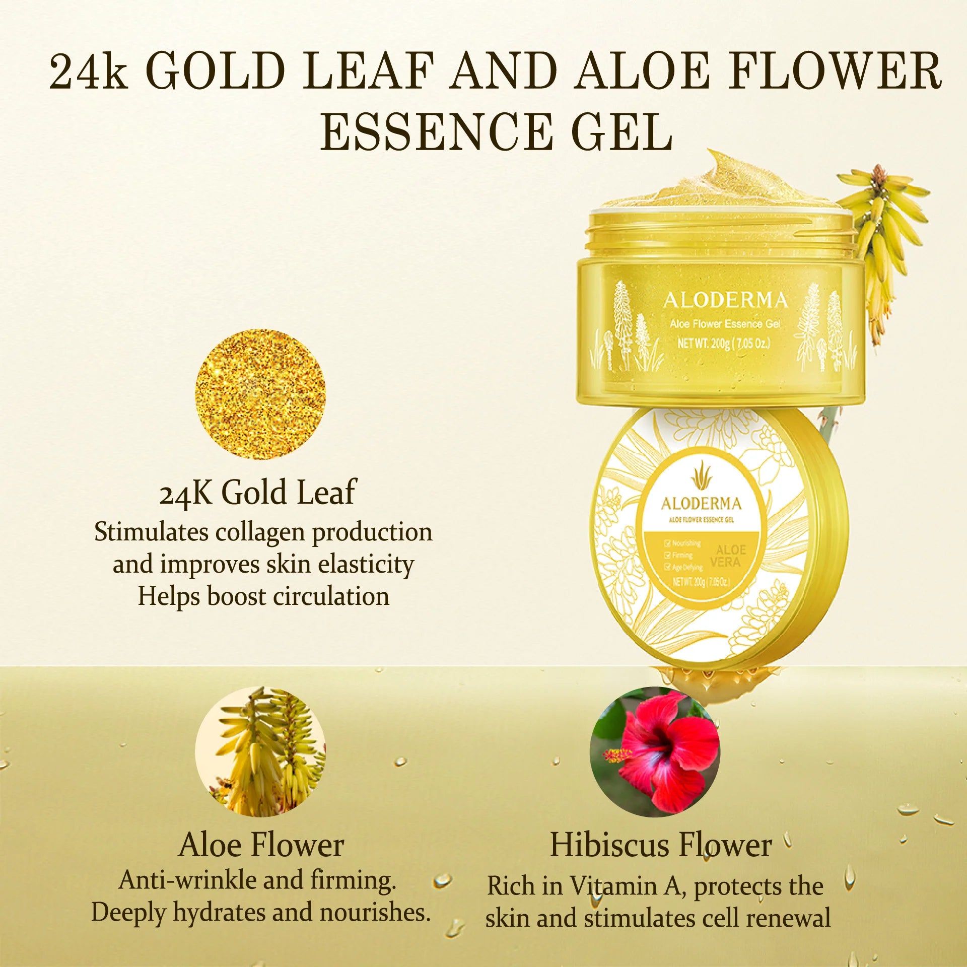 Revitalize Your Skin with Age-Defying 24K Gold Leaf Aloe Flower Essence Gel - Luxurious Hydration for a Glowing, Youthful Complexion, 7Oz
