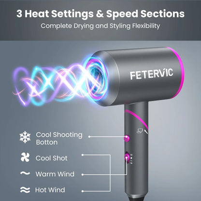 Folding Hair Dryer 2000W, Lightweight Travel Blow Dryer with Ionic Technology, 2 Speed & 3 Heat Settings, Low Radiation, Diffuser & Nozzles Included