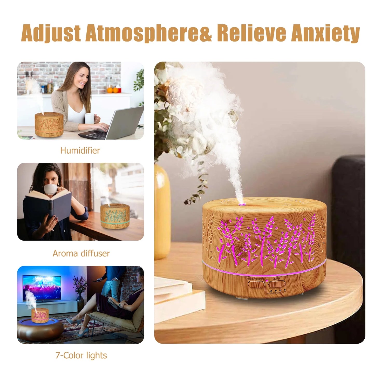 Diffusers for Essential Oils Large Room 600Ml,Essential Oil Diffusers for Home with R/C Light Brown