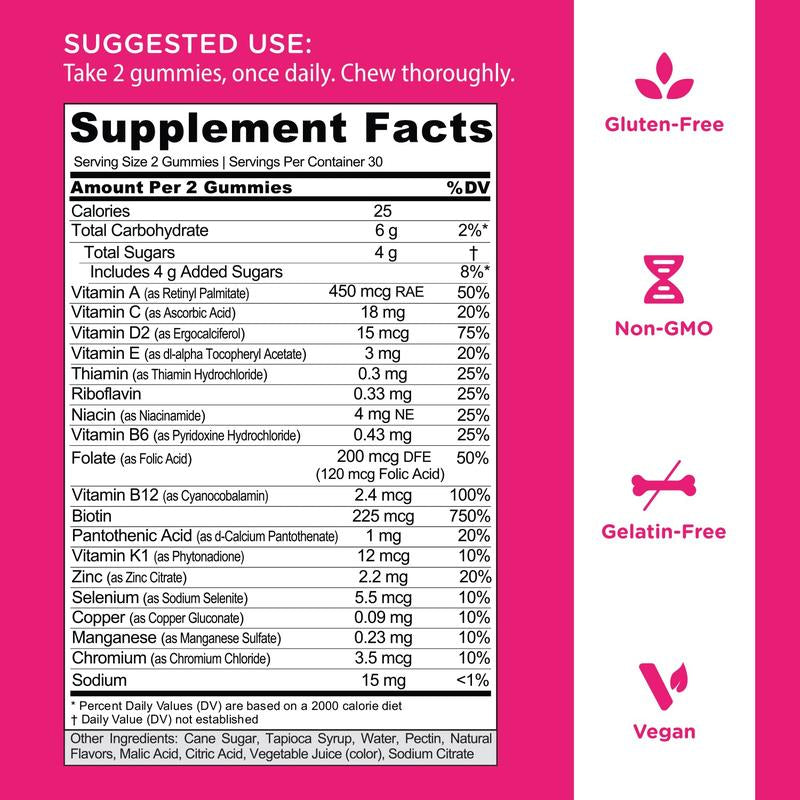 Women'S Complete Multi Gummies 2-Pack: All 13 Essential Vitamins, All B Vitamins, Vitamin C, A, D, E, K, Zinc, Biotin and More. Healthy Hair, Skin & Nails, Eyes, Immune, Brain & Nervous System, Heart Health. Gluten-Free, Vegan, Non-Gmo, and Gelatin-Free.