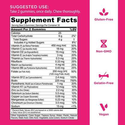 Women'S Complete Multi Gummies 2-Pack: All 13 Essential Vitamins, All B Vitamins, Vitamin C, A, D, E, K, Zinc, Biotin and More. Healthy Hair, Skin & Nails, Eyes, Immune, Brain & Nervous System, Heart Health. Gluten-Free, Vegan, Non-Gmo, and Gelatin-Free.