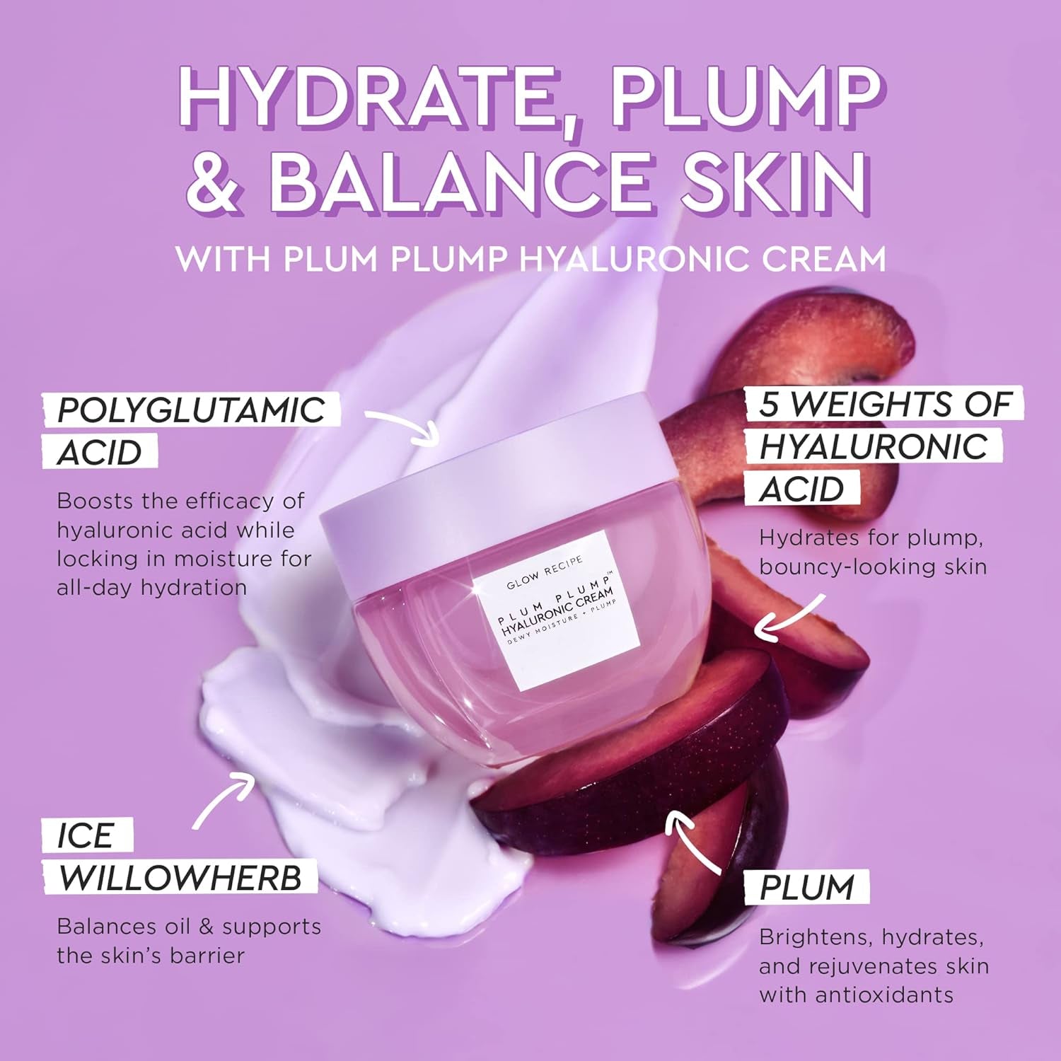 Plum Plump Hyaluronic Acid Face Cream, Travel Size - Hydrating, Firming & Plumping Facial Moisturizer for Women & Men - Korean Skin Care with Polyglutamic Peptides for Dry Skin (20Ml)