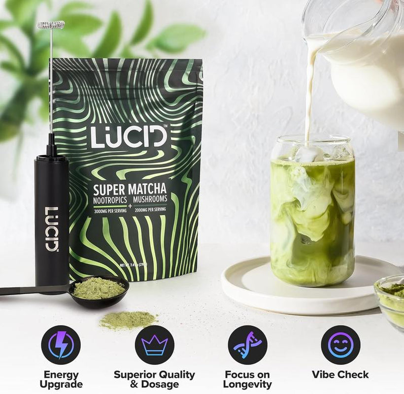 Lucid Superfood Organic Mushroom Matcha with Nootropics - Lion'S Mane, Tremella, Cordyceps & Turkey Tail - Instant Mushroom Matcha Focus Brain Health - Alpha GPC, L-Theanine, Ginko Biloba - USA Made Healthcare Dietary