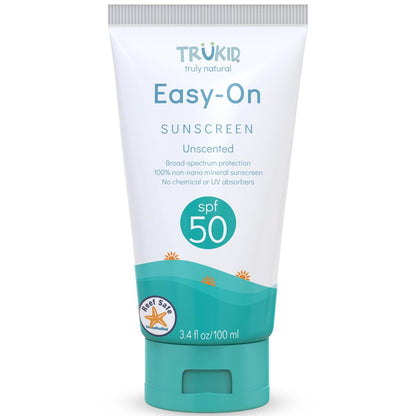 Easy on Mineral Sunscreen SPF 50 - All Natural Kids & Baby Sunscreen for Face & Body, Non-Toxic Zinc Oxide Sunblock Protection for Sensitive Skin, Unscented, FSA Eligible, Travel Size 3.4Oz